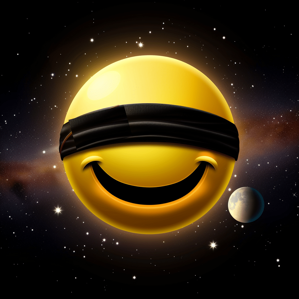 A Midjourney AI Smiley Face with a Blindfold On as a Planet